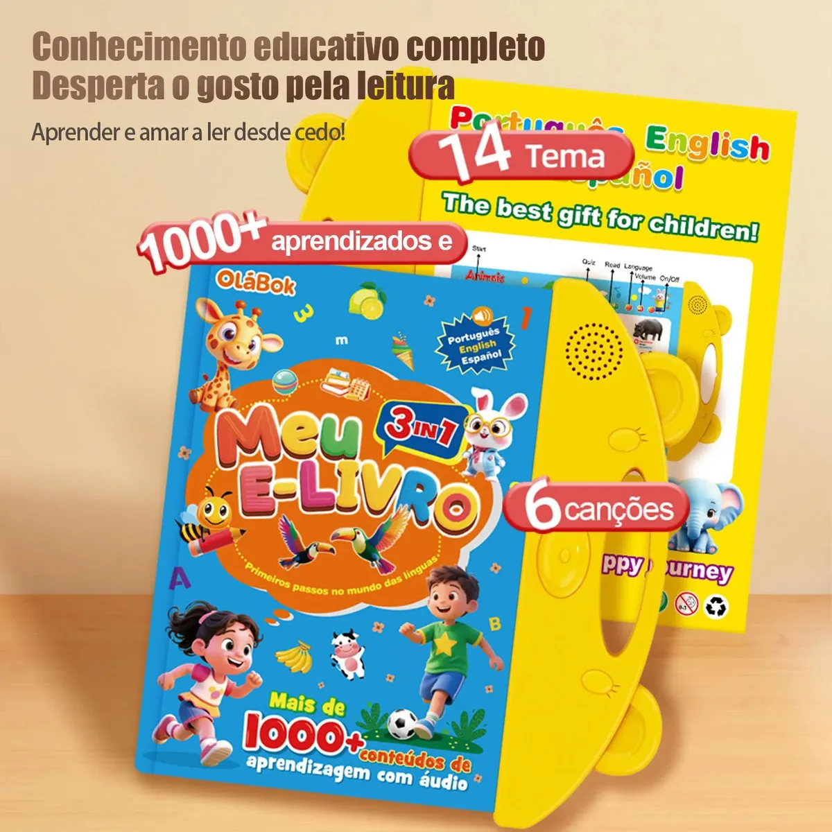 Livro disponível em azul, rosa e amarelo